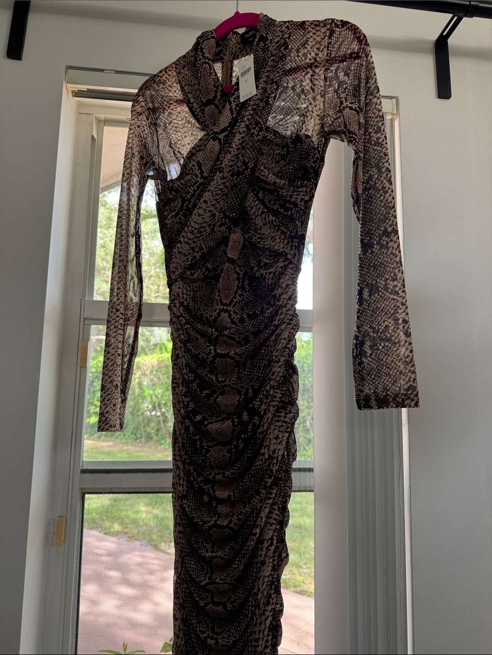 Bardot Brown Snake-Print Long Sleeve Ruched Dress